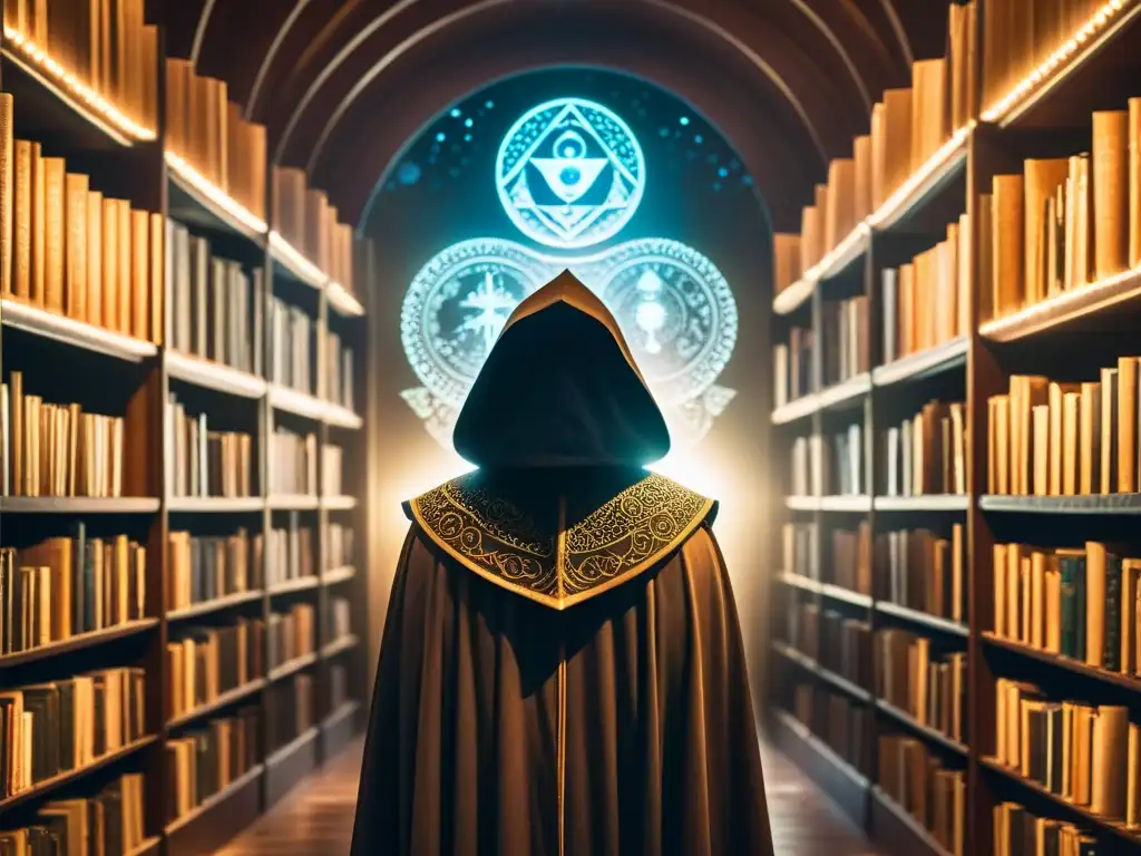 En la penumbra de una biblioteca antigua, una figura misteriosa rodeada de símbolos extraterrestres