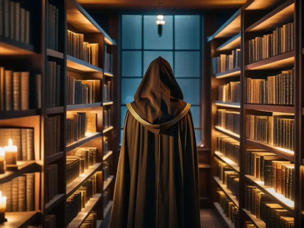 Archivo misterioso de la biblioteca: figura en capa examina textos antiguos En la penumbra de la biblioteca, figura misteriosa explora literatura de misterios paranormales sectas cultos