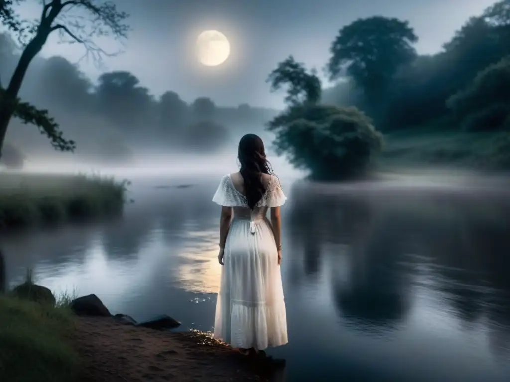 La Llorona: Misteriosa noche de luna llena junto al río En la penumbra de la noche, la maldición de La Llorona se hace presente en esta imagen misteriosa y cautivadora de un río en la neblina