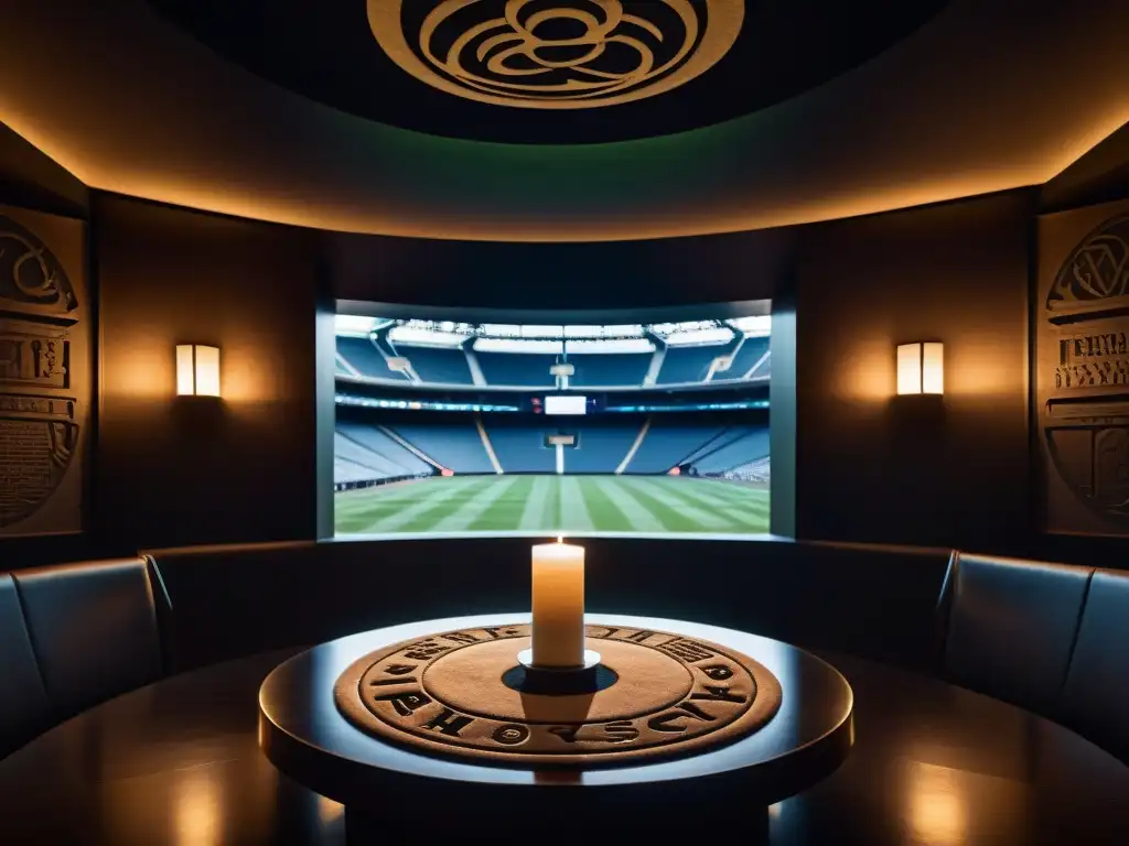 Salón secreto en estadio: rituales misteriosos En la penumbra de una sala secreta en un estadio moderno, se revelan los significados rituales ocultos de eventos deportivos