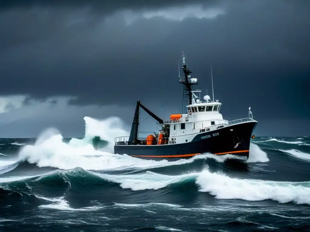 Barco de investigación en tormenta en Point Nemo Pequeña nave de investigación en aguas oscuras y tormentosas en el Misterioso Punto Nemo: Expediciones Secretos
