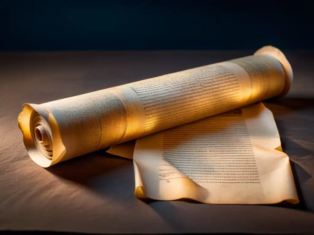 Pergamino ancestral revelando sabiduría oculta en penumbra Un pergamino antiguo desplegado sobre un fondo misterioso y oscuro, con símbolos intrincados y texto desgastado que sugiere conocimiento oculto