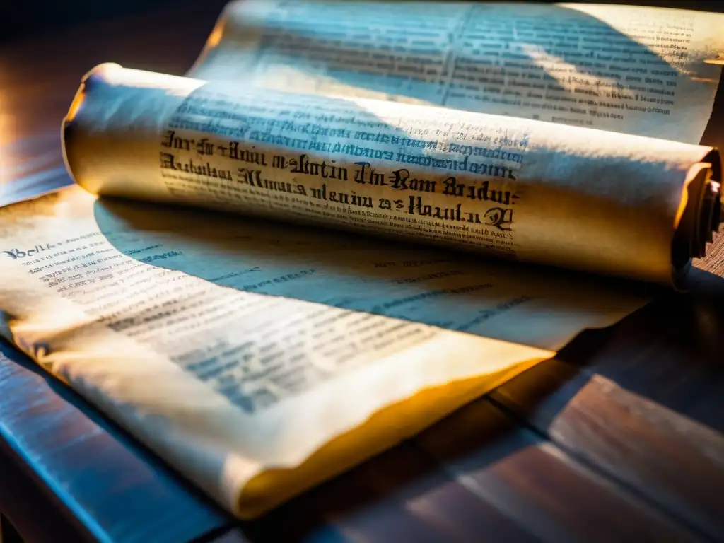 Un pergamino antiguo desplegado en una mesa de madera iluminada débilmente, con inscripciones latinas y símbolos misteriosos revelados