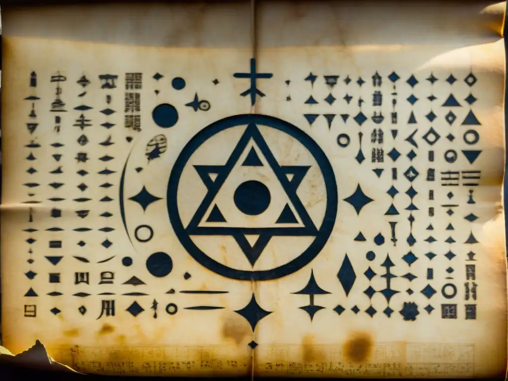 Misterios ancestrales: Pergamino enigmático con símbolos místicos Un pergamino antiguo iluminado por una luz misteriosa, con símbolos enigmáticos de culturas antiguas