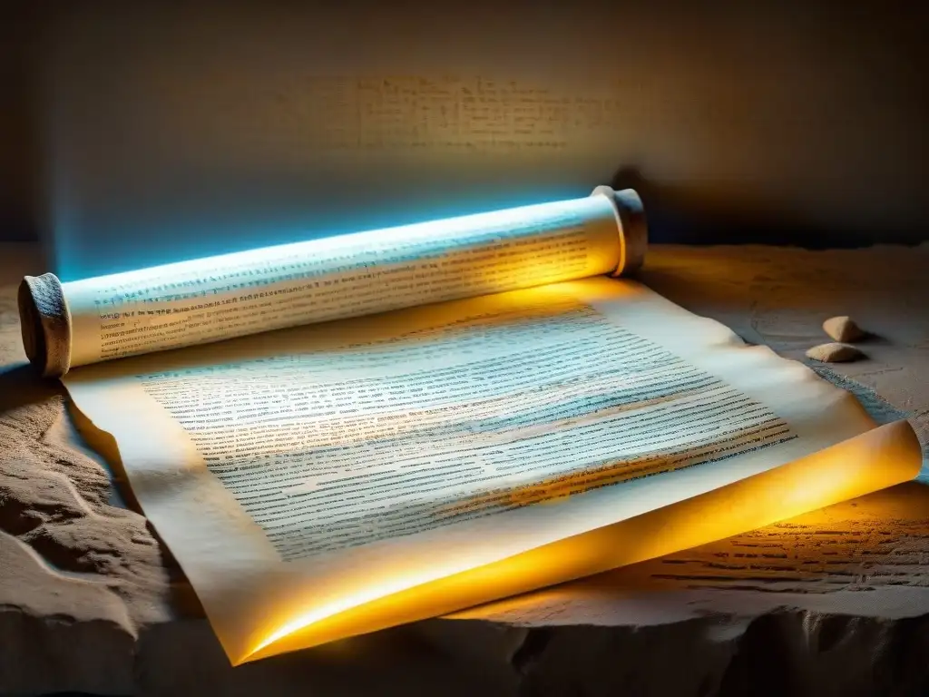 Secretos del Mar Muerto: Tecnología AI desvela misterios antiguos Un pergamino antiguo con texto hebreo, iluminado por luz en una habitación sombría