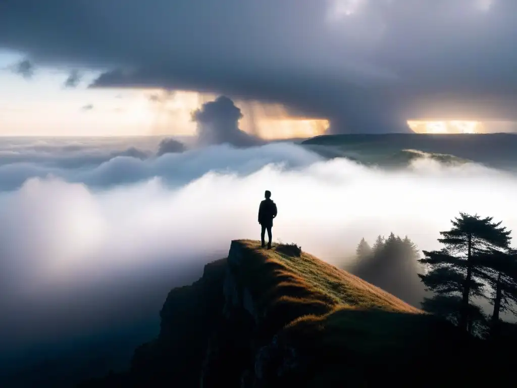 Persona en acantilado entre neblina mística y luz celestial, reflejando experiencias cercanas a la muerte