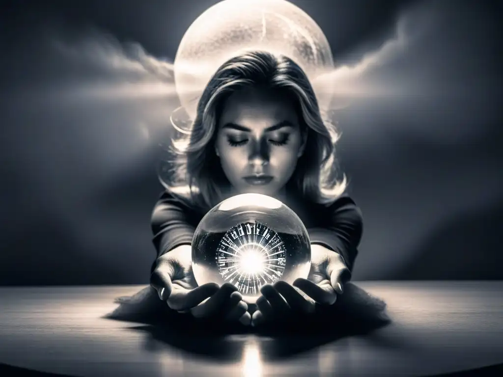 Profunda visión: sueños premonitorios en detalle Persona en aura onírica con elementos simbólicos, expresión de miedo y curiosidad