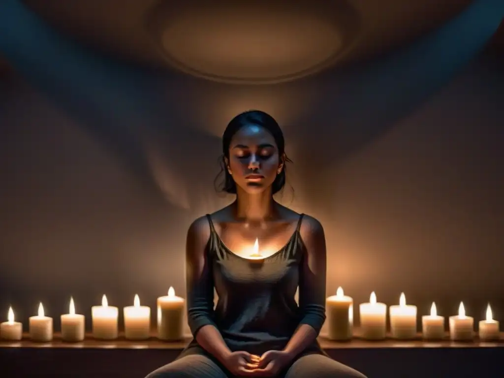 Persona practicando la capacidad de visión remota en una habitación misteriosa iluminada por velas