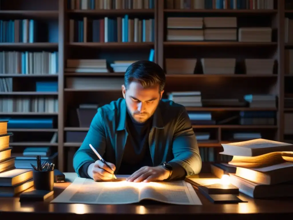 Persona concentrada en escritorio desordenado con mapas y herramientas, buscando en bola de cristal