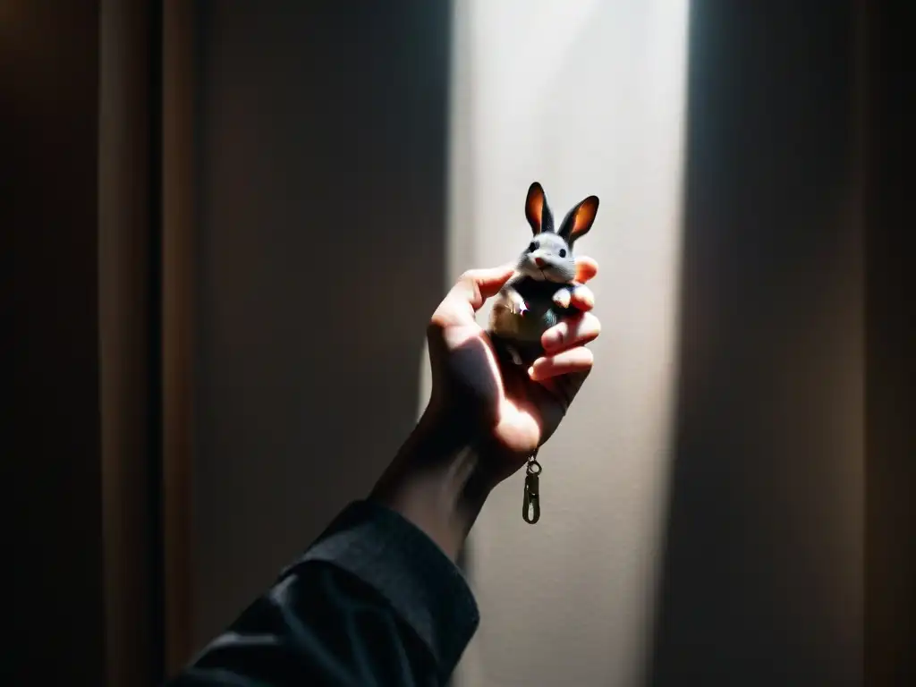 Persona concentrada y esperanzada con amuleto y dedos cruzados en misteriosa habitación