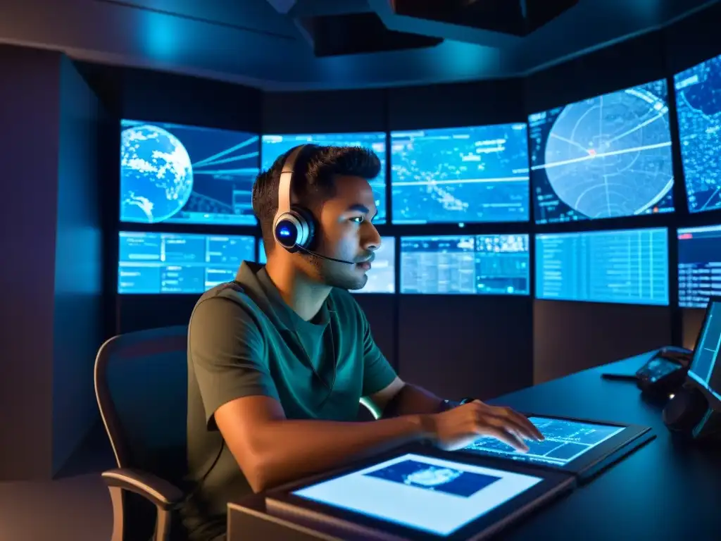 Persona concentrada en sala futurista, rodeada de pantallas con imágenes satelitales