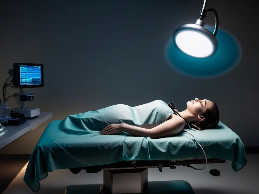Persona flotando sobre su cuerpo en mesa de operaciones, rodeada de luz etérea