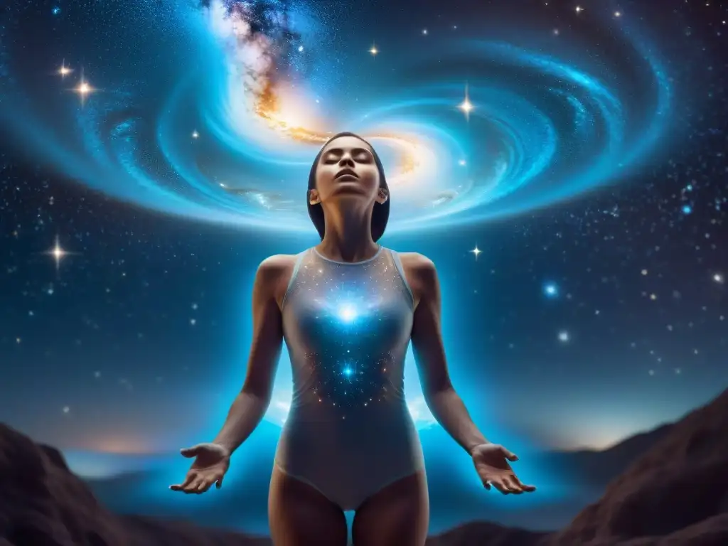 Persona en desdoblamiento astral con entidades místicas en un reino cósmico