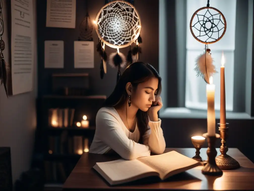 Reflexión en la penumbra: Interpretación de sueños Persona en habitación con dreamcatchers, libros de psicología y vela, observando diario de sueños