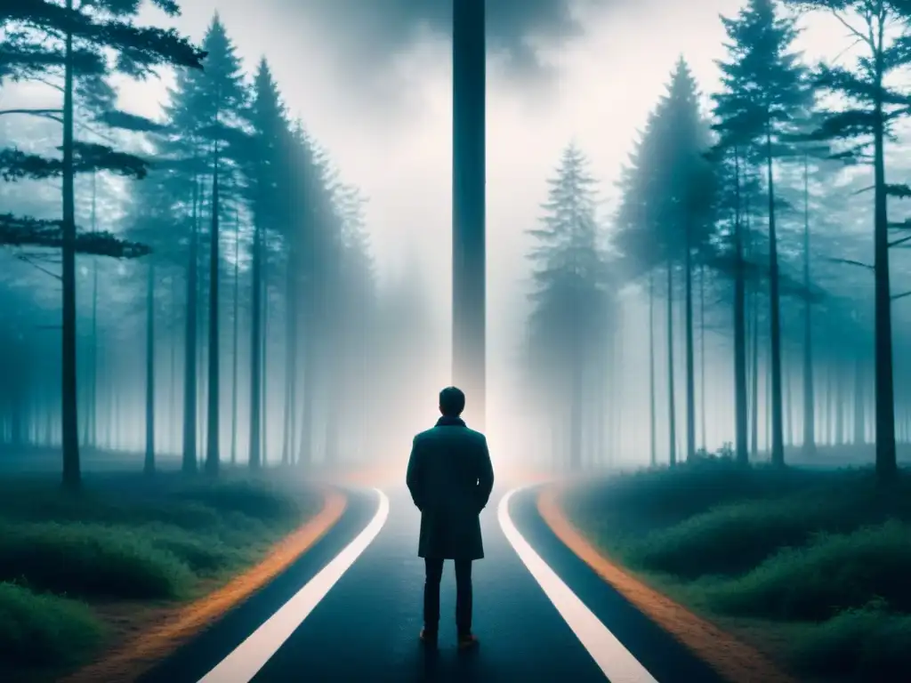Persona en encrucijada, entre bosque misterioso y horizonte claro