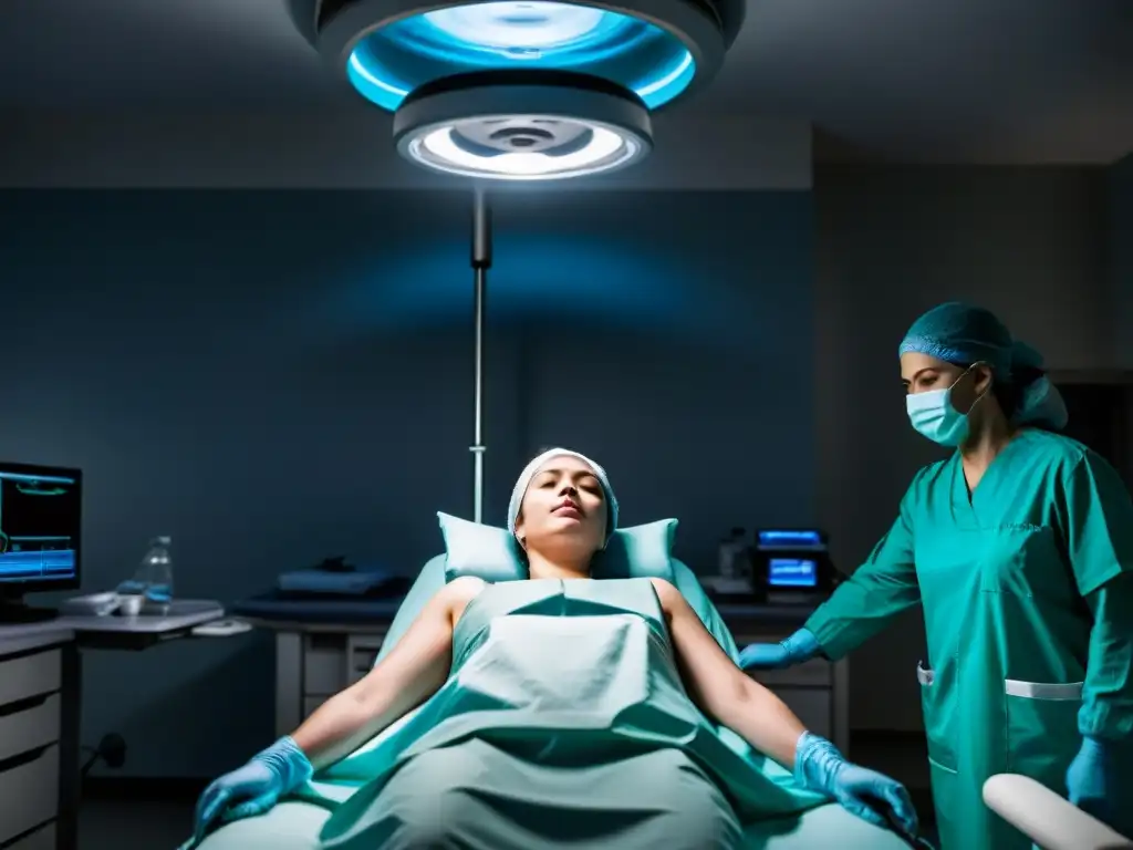 Persona en experiencia cercana a la muerte, flotando sobre su cuerpo en una sala de operaciones, rodeada de personal médico