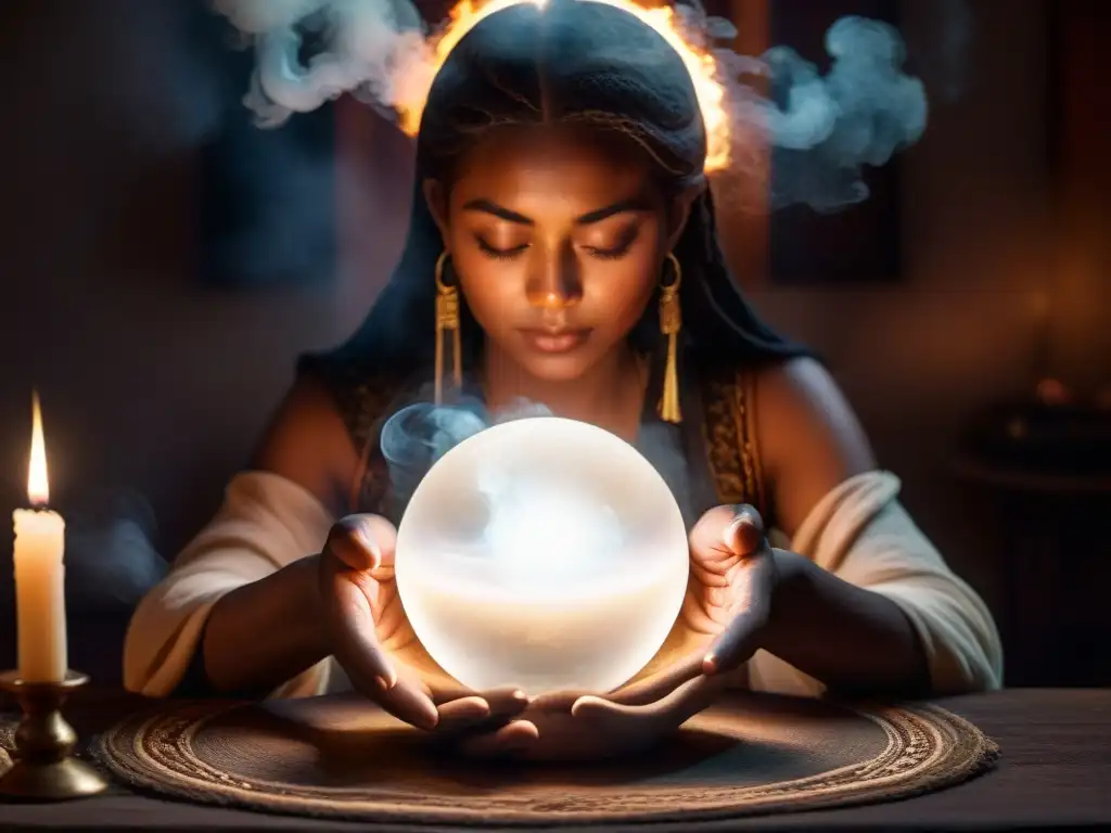 Persona meditando en habitación misteriosa, rodeada de velas e incienso, con manos sobre bola de cristal