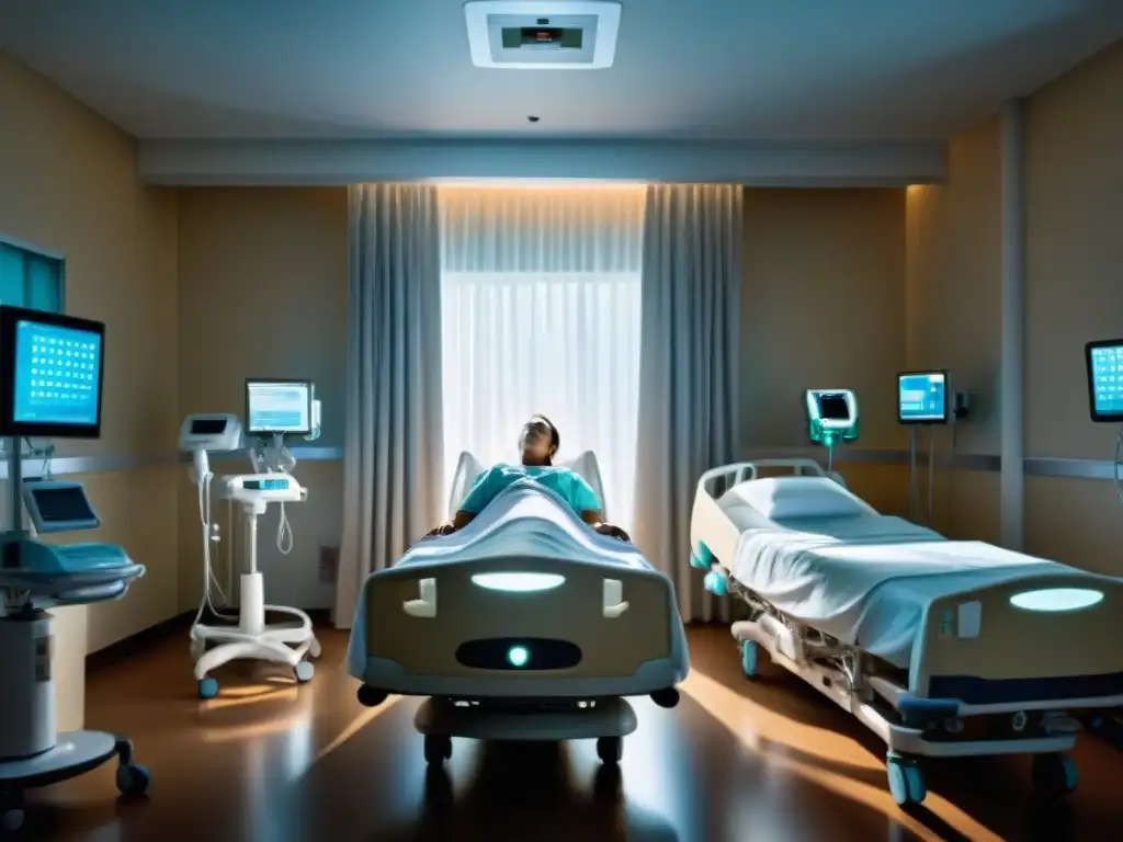 Experiencia cercana a la muerte: entre la vida y la muerte Persona en hospital, luz brillante y figuras etéreas