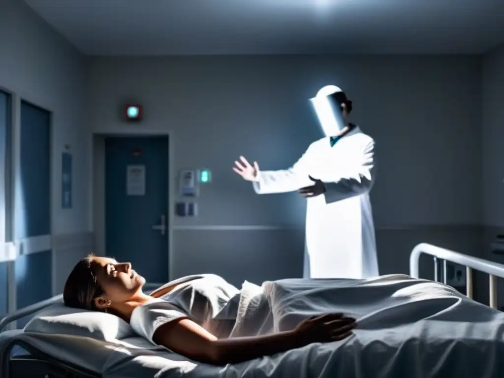 Encuentro entre la vida y la muerte en hospital Persona en hospital, mano extendida hacia figura sombría