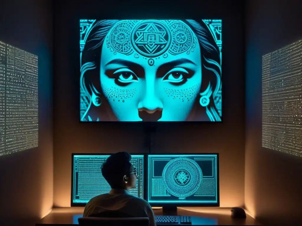 Explorando supersticiones digitales: asombro y misterio Persona maravillada y supersticiosa frente a arte digital único