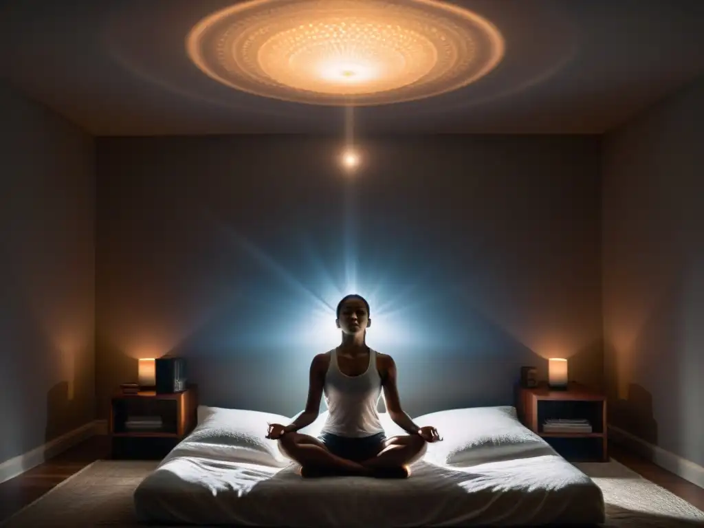 Persona en meditación profunda, flotando en proyección astral: viajes del alma, en un aura etérea