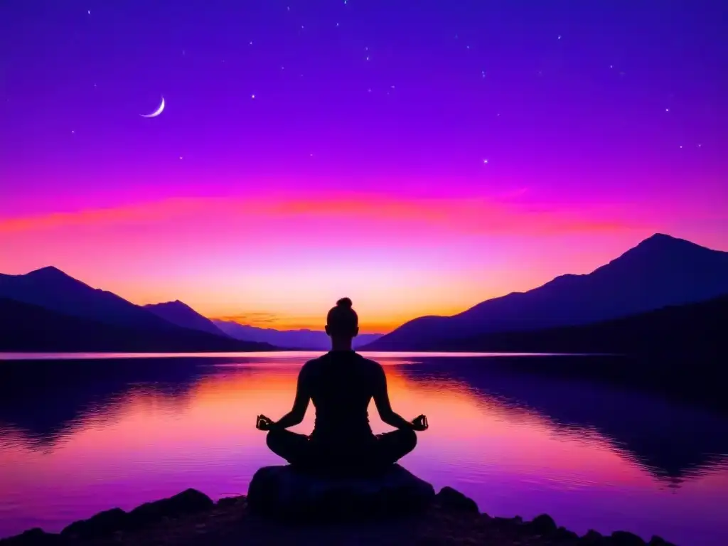 Persona meditando en paisaje sereno al atardecer, reflejos de cielo colorido en lago
