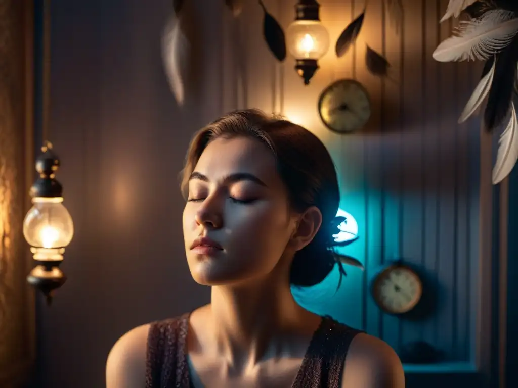 Enigma onírico: persona inmersa en sueños premonitorios Persona en penumbra, inmersa en pensamientos, rodeada de símbolos oníricos