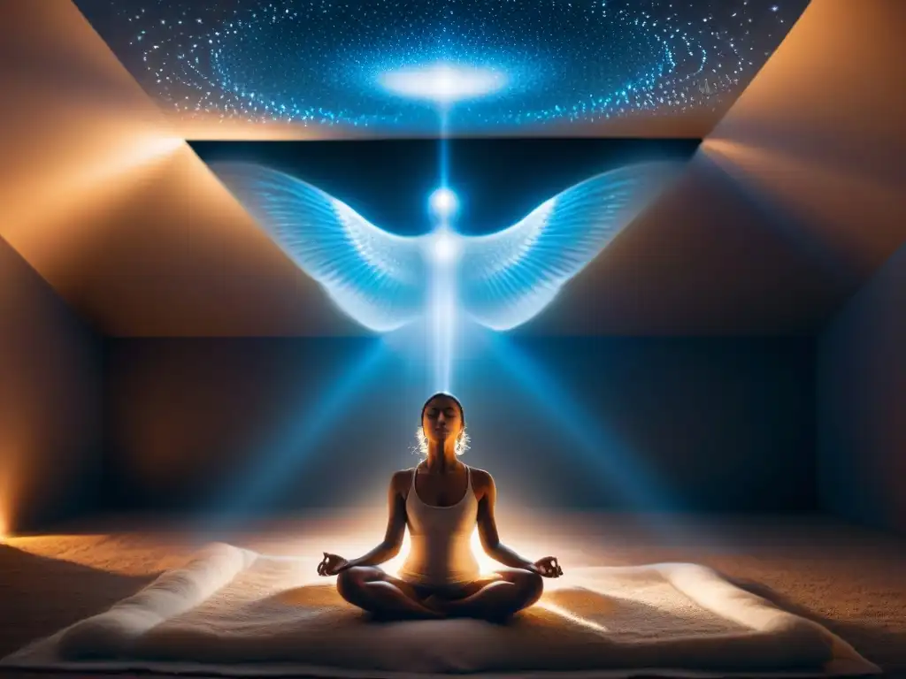Persona en pose meditativa con proyección astral y comunicación espiritual durante desdoblamiento en una habitación mística