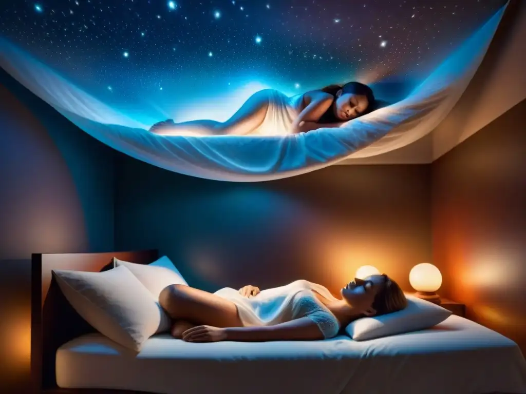 Persona durmiendo con proyección astral: viajes del alma en habitación misteriosa y llena de símbolos