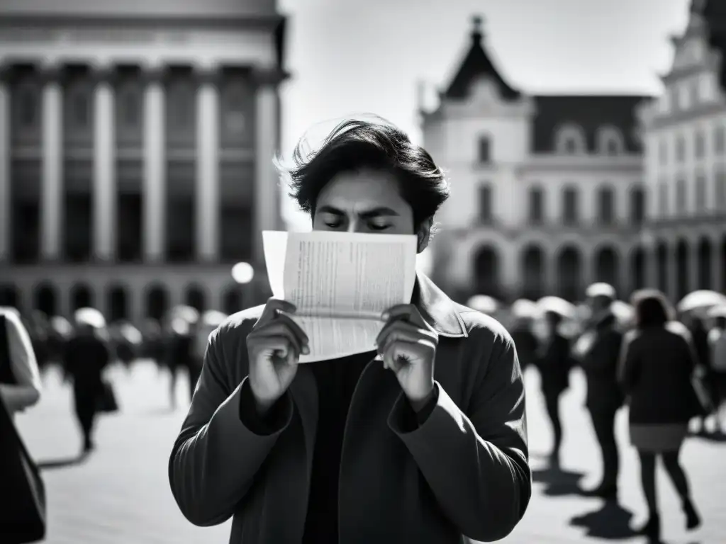 Persona solitaria en plaza llena, rostro oculto por sombras, agarrando papel arrugado, expresando vulnerabilidad