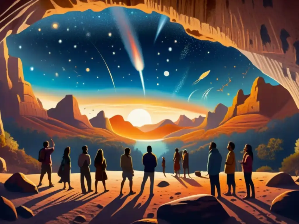 Pintura rupestre: cometas eclipsan la luna en escena celestial Pintura rupestre de un eclipse con cometas, influyendo en la conducta de los antiguos