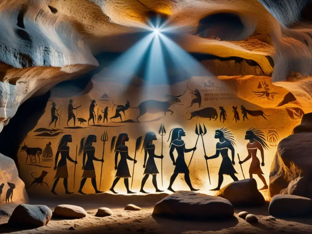 Misterios ancestrales: pinturas místicas iluminadas en caverna Pinturas rupestres iluminadas por un rayo de luz en cueva ancestral