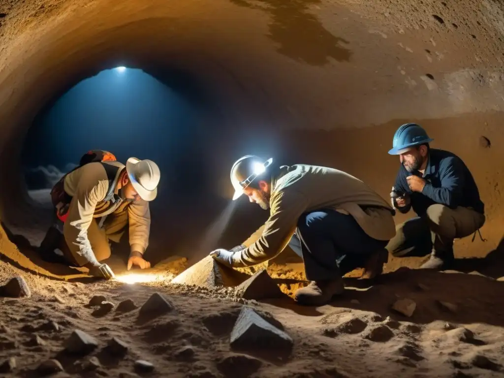 Excavación en túneles de pirámides bosnias: descubrimientos y misterios Descubrimiento arqueológico en las Pirámides de Bosnia: equipo de arqueólogos explorando túneles misteriosos