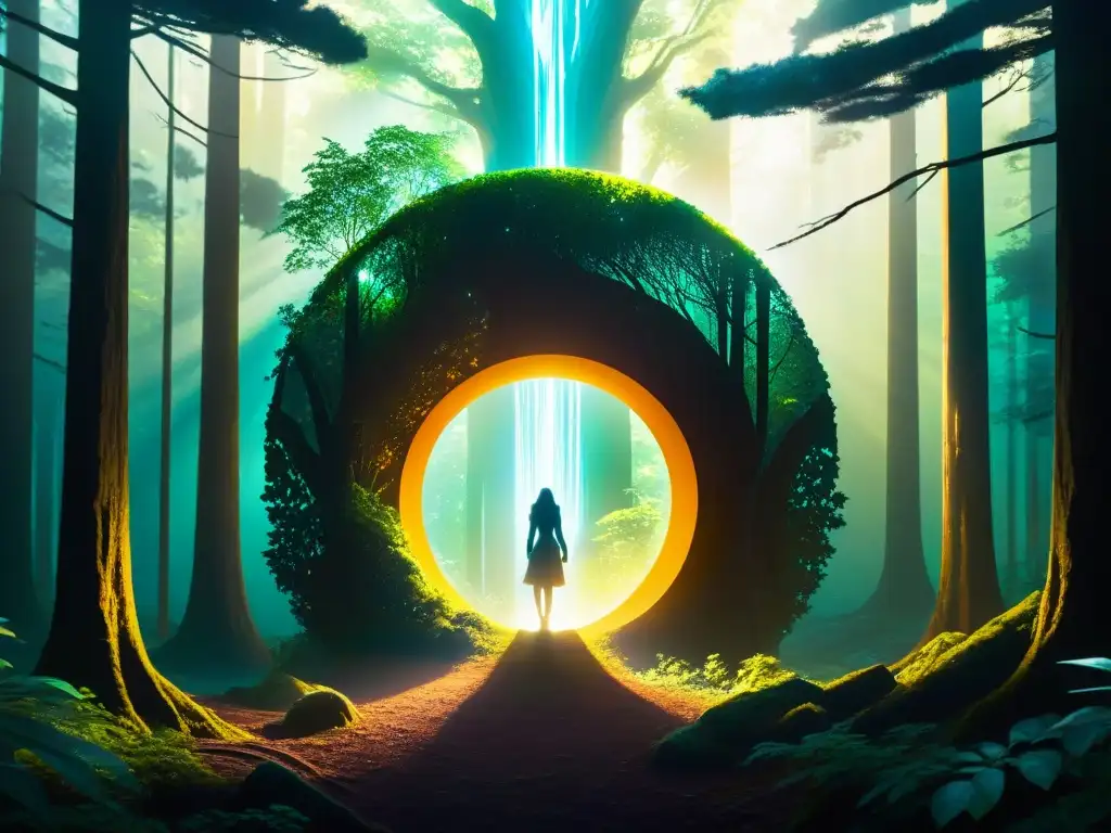 Portal interdimensional en bosque misterioso Un portal brillante en un bosque misterioso con entidades interdimensionales y luz vibrante