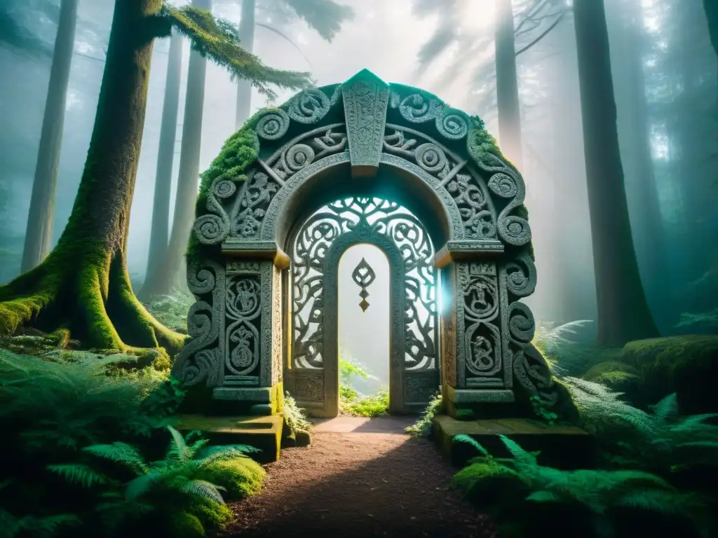Portal de piedra antiguo en bosque neblinoso Un portal de piedra antiguo y misterioso en un bosque neblinoso, rodeado de árboles retorcidos y una luz sobrenatural