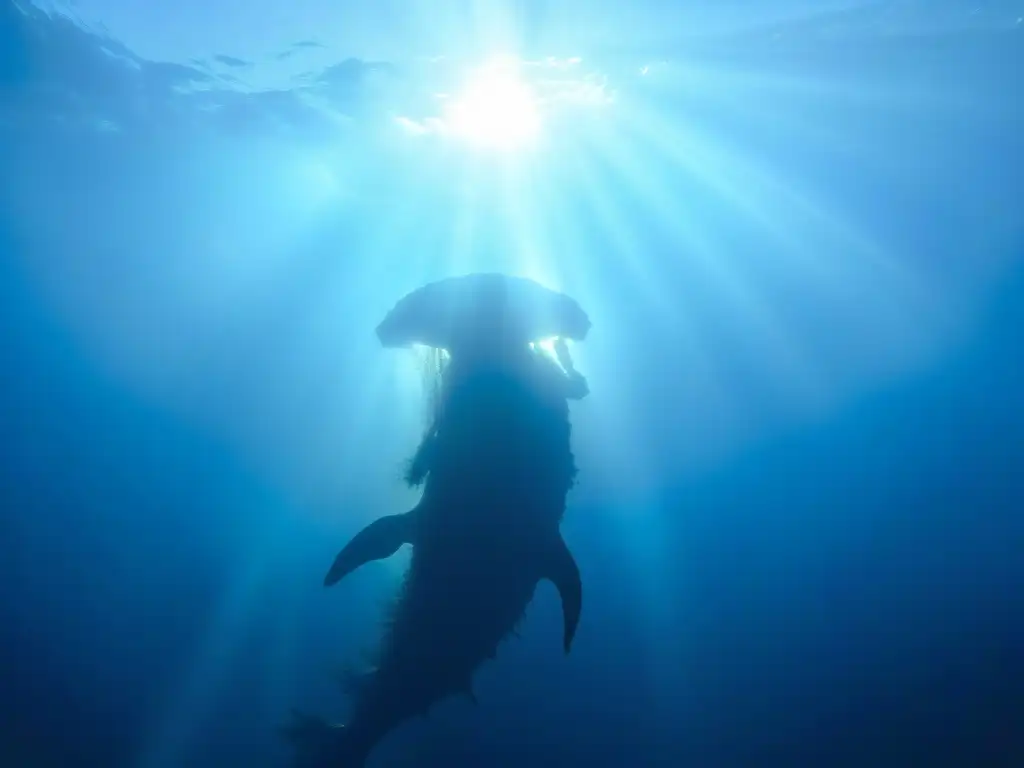 Majestuosa criatura marina en la oscuridad del abismo Profundo misterio del Bloop: criatura marina gigante en abismo oceánico, iluminada por rayos solares