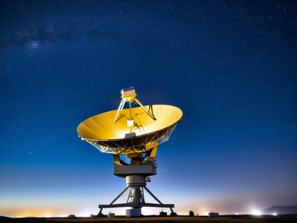 Descubriendo el universo: radio telescopio bajo la noche estrellada Radiotelescopio apuntando al cielo estrellado, captando galaxias lejanas y anomalías cósmicas