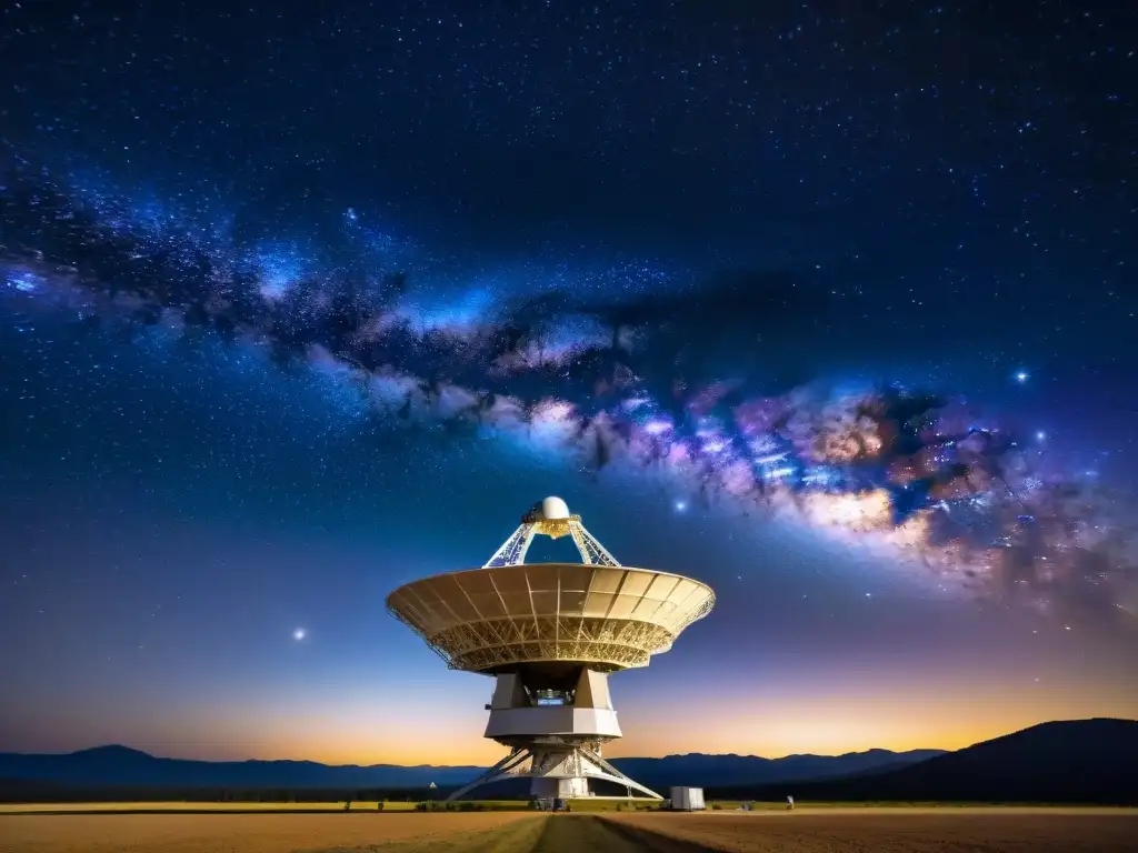 Explorando el cosmos: Telescopio captando ondas enigmáticas Un radiotelescopio captando misterios del universo en pulsos radio rápidos desde el cosmos estrellado