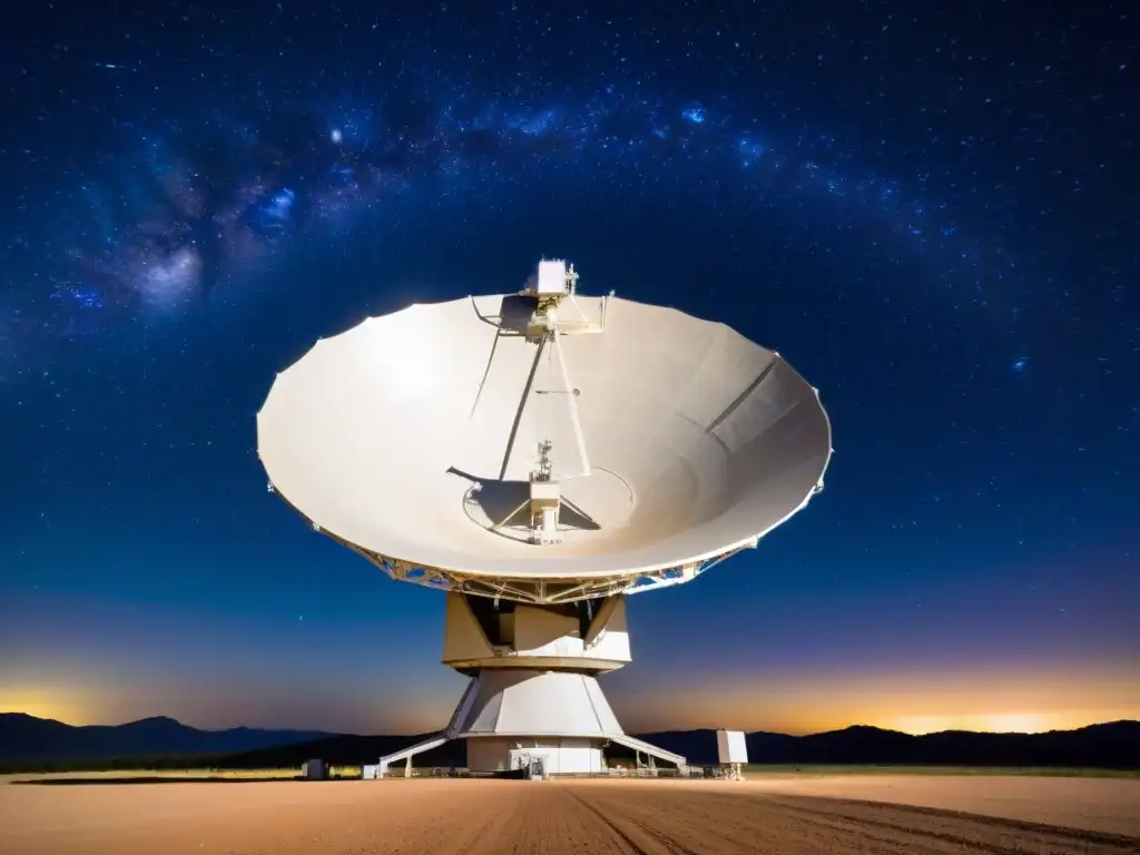 Observatorio nocturno captando ondas misteriosas del espacio profundo Reflejo estrellado en antena parabólica de radio telescopio en noche misteriosa de observatorio, desvelando misterios universo pulsos radio rápidos