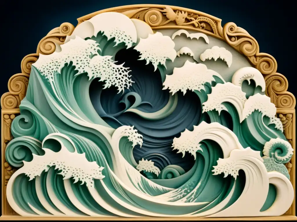 Relieve detallado de la inundación masiva en una ciudad antigua, con figuras aterradas escalando entre olas y nubes de tormenta