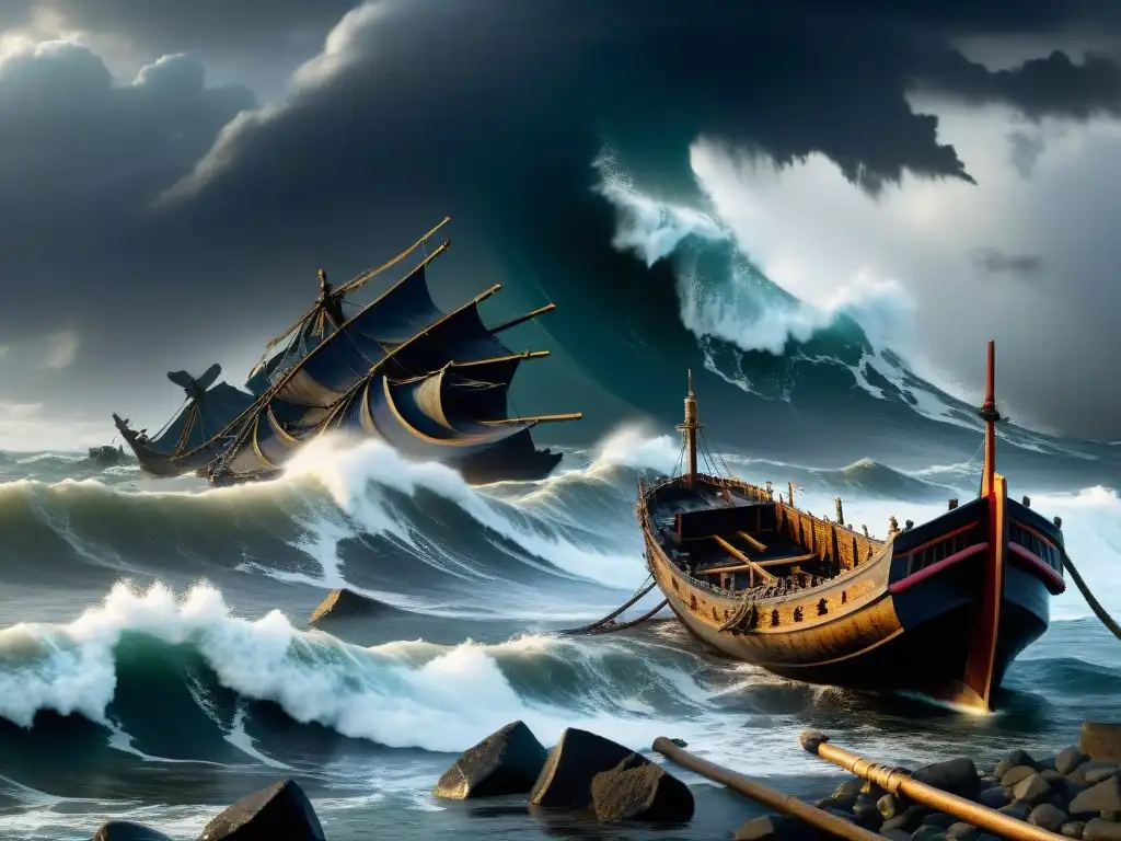 Devastación de tormenta: Flota de Kublai Khan destrozada frente a Japón Restos de la misteriosa flota de Kublai Khan dispersa en aguas turbulentas frente a Japón, con el Monte Fuji de fondo
