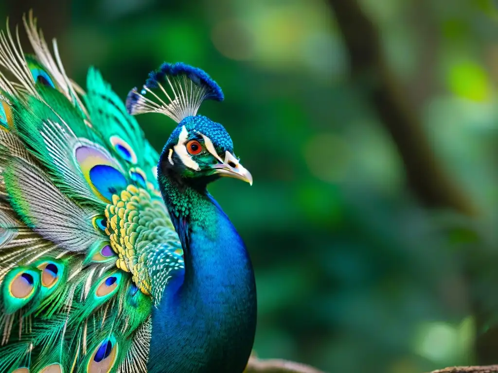 Esplendor del Pavo Real Verde Javanés en la Selva Tropical Un retrato detallado del majestuoso Pavo Real Verde de Java en su hábitat natural
