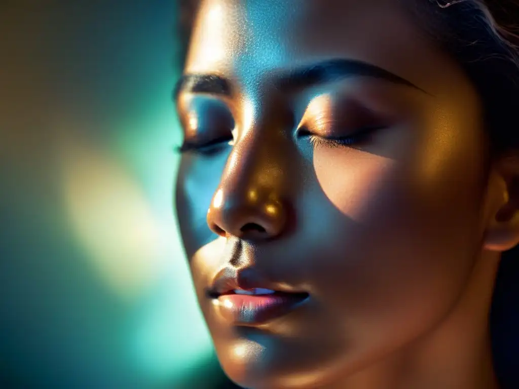 Trascendental belleza: retrato en paz y misterio con un resplandor etéreo Retrato detallado de rostro en paz, con aura etérea y misteriosa