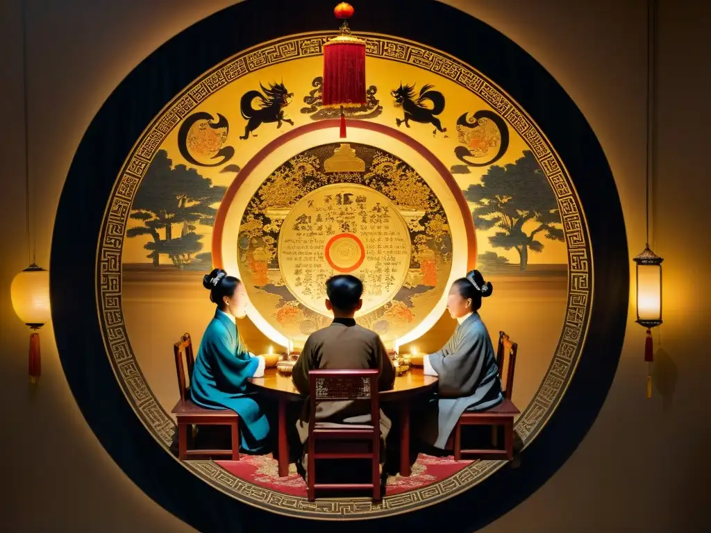 Reunión clandestina de sombras: intrigante escena en la China Imperial Reunión clandestina de La Camarilla en China Imperial: figuras enmascaradas junto a una mesa circular iluminada por velas
