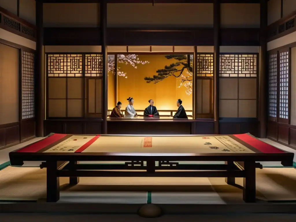 Reunión clandestina de oficiales chinos en jardín sombrío Una reunión clandestina de oficiales chinos en La Camarilla en China Imperial, con sus rostros entre sombras en una sala iluminada por la luna