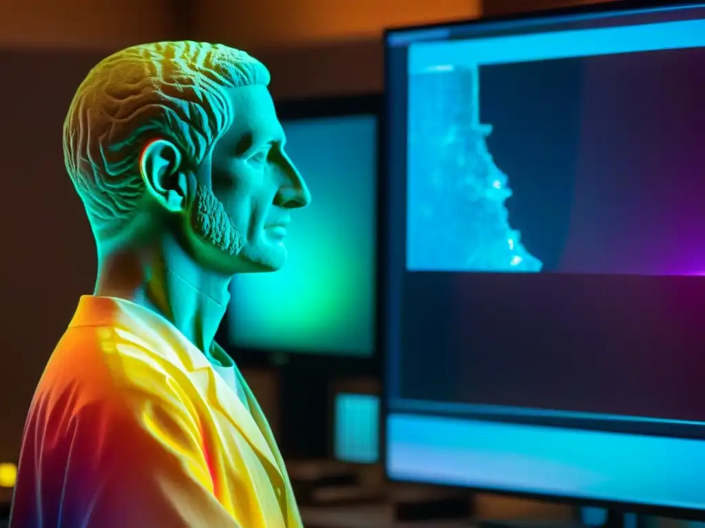Descubriendo colores ocultos: Análisis de estatua antigua con espectroscopio de rayos X Revelación de los colores ocultos de un arte antiguo a través de un espectroscopio de rayos X en una escena misteriosa de descubrimiento científico