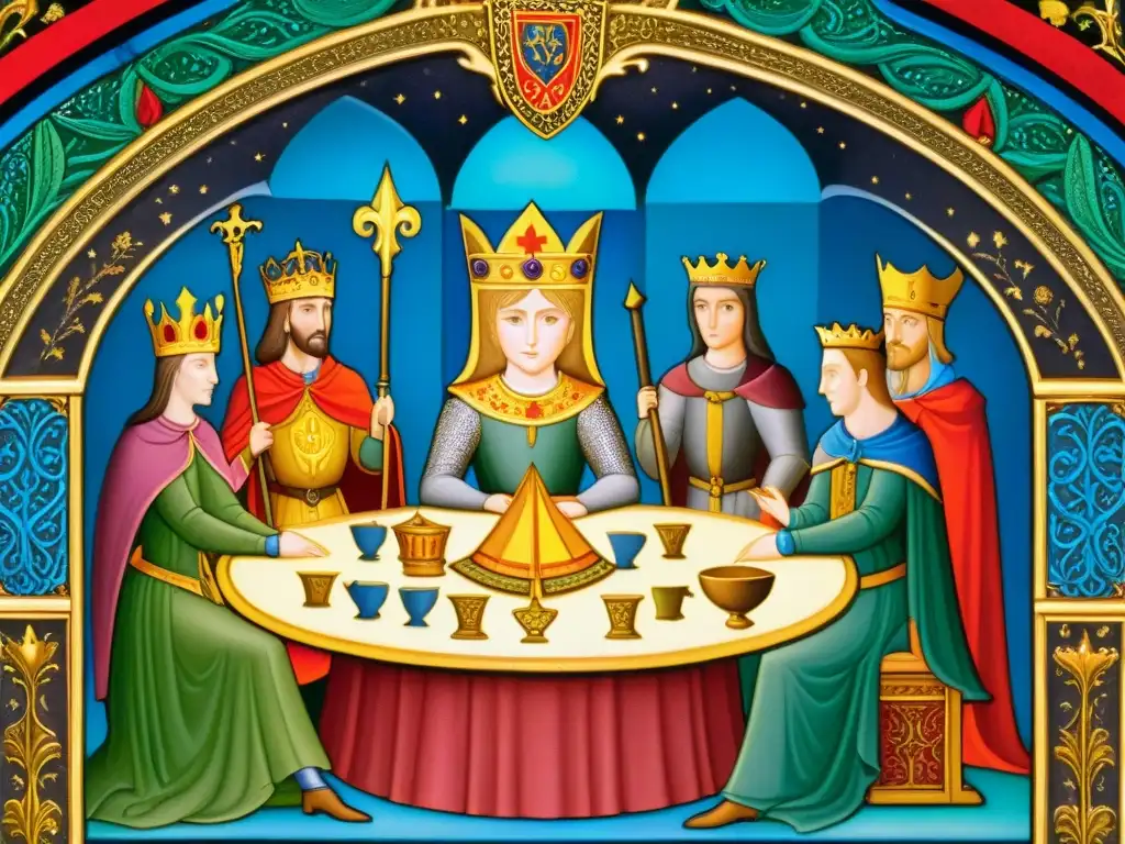 Majestuoso Rey Arturo en la Mesa Redonda de Camelot Rey Arturo y sus caballeros en la Mesa Redonda de Camelot, una escena medieval llena de misticismo y encanto