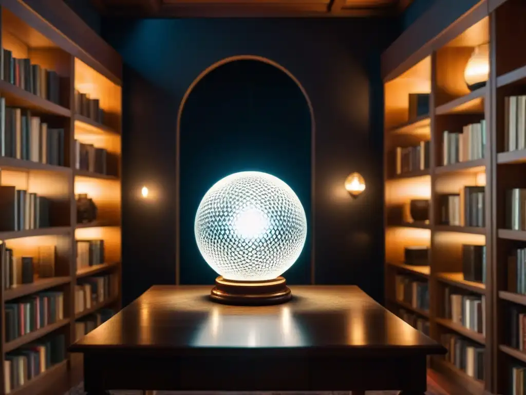 Salón misterioso con bola de cristal y libros de física cuántica Un rincón misterioso iluminado por velas, con una bola de cristal sobre una mesa rodeada de libros de Física de lo Imposible Paranormal