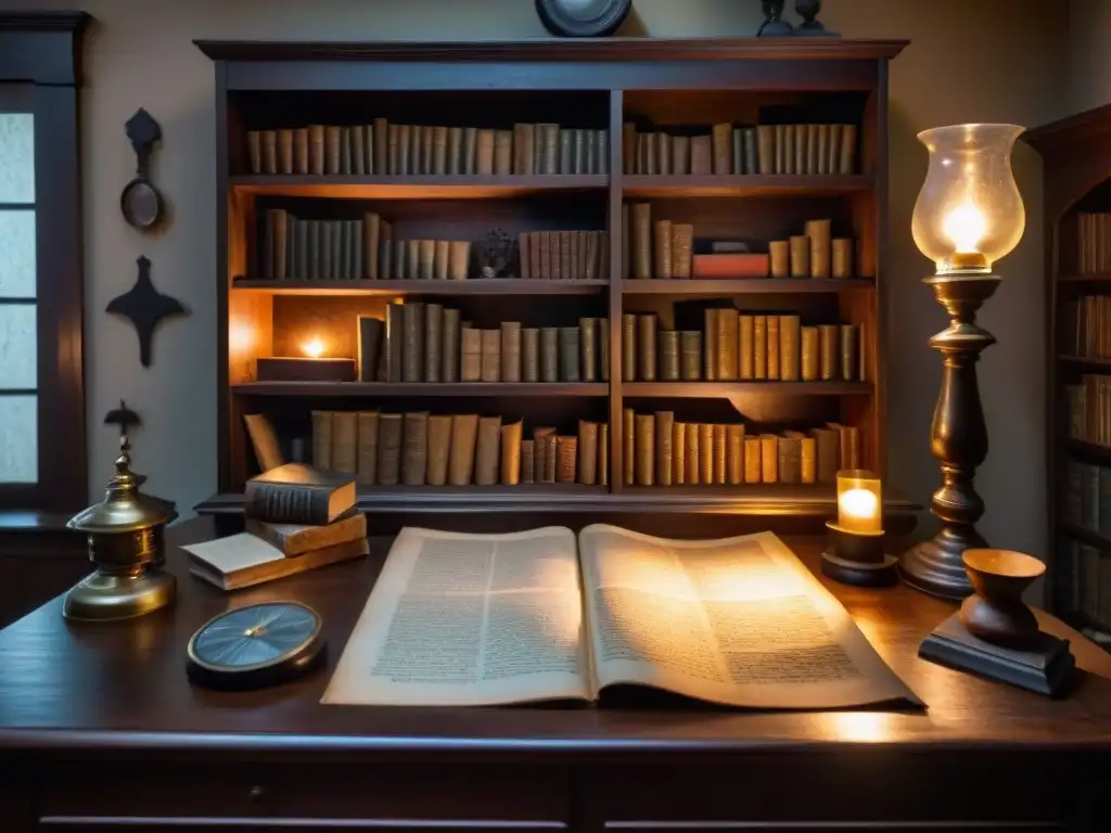 Escena misteriosa: Investigación paranormal en la mansión Un rincón misterioso con libros polvorientos, objetos antiguos y una mesa con notas escritas a mano, fotografías vintage y una vela titilante