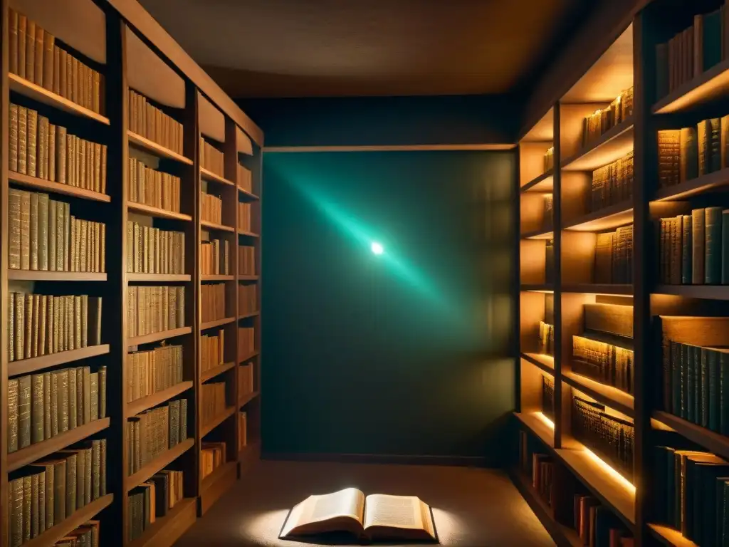 Un rincón misterioso lleno de libros antiguos y profecías reveladas en una biblioteca tenue